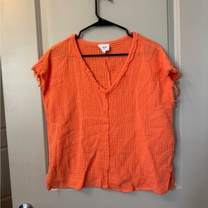 Orange V-Neck Frayed Women Top